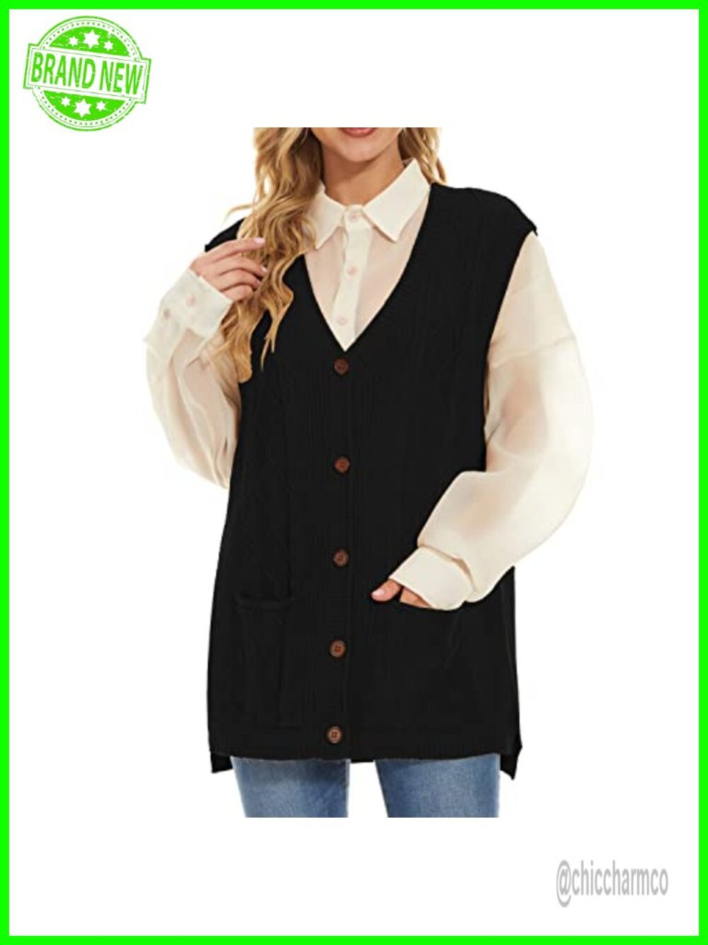Sleeveless Cable Knit Sweater Vest Button Cardigan Pockets